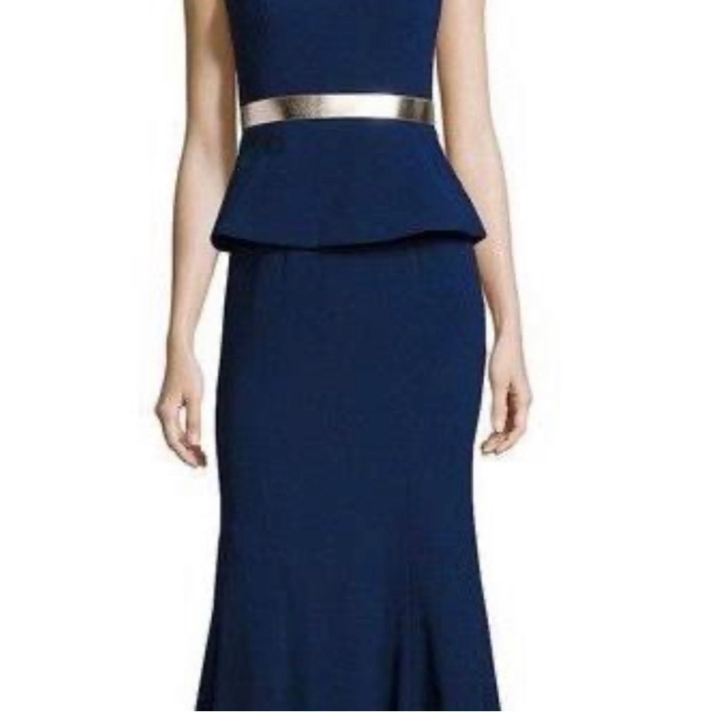 Aidan by Aidan Mattox navy peplum gown strapless